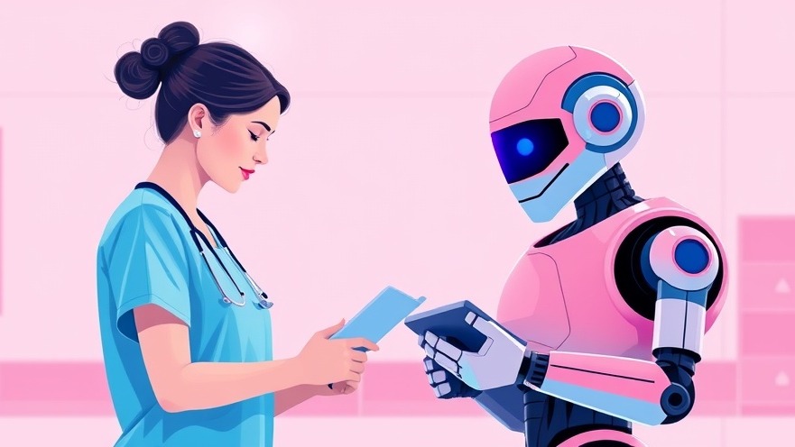 Nurse utilizing healthcare automation with robot to manage clinical data efficiently.