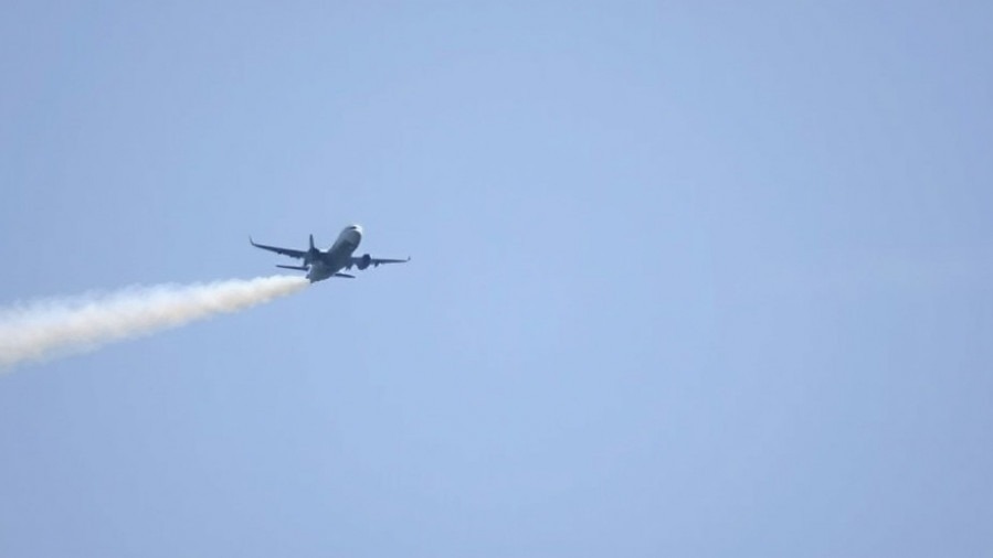 A plane trails white smoke, symbolizing public health narratives amidst climate manipulation.