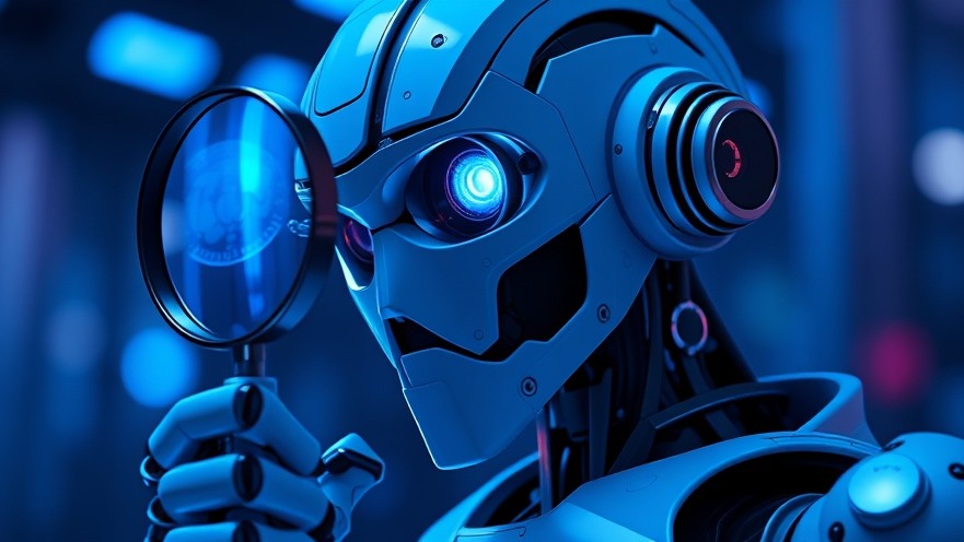 Robot detective examining healthcare innovation with a magnifying glass under blue lighting.