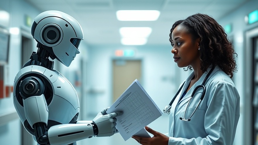 Robot analyzing patient charts with a doctor, highlighting automation bias in healthcare.