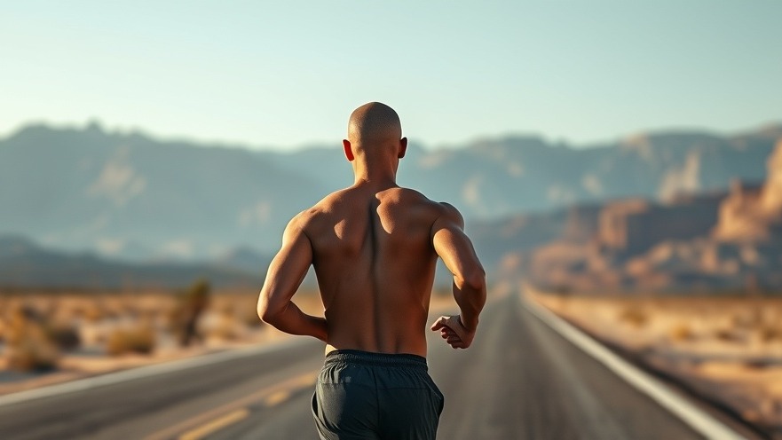 Fit bald male runner on desert highway showcasing fitness motivation and health lifestyle.