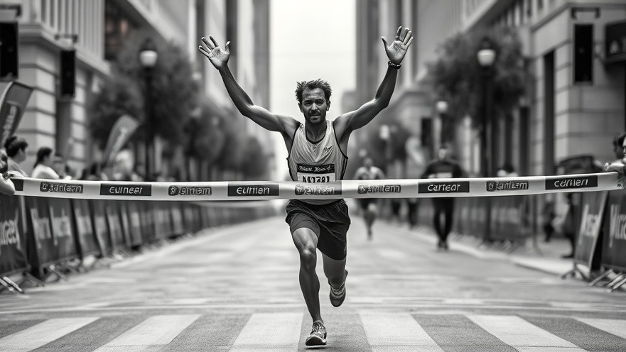 Triumphant marathon runner celebrating fitness innovations at finish line.