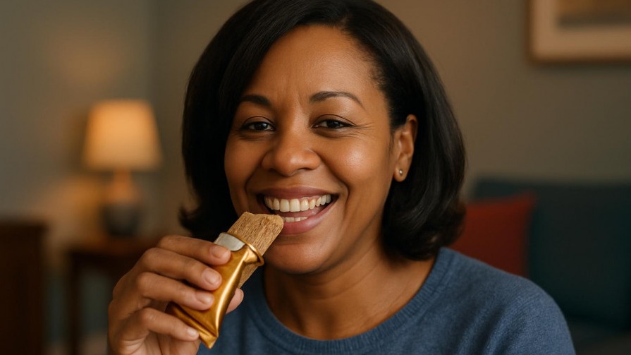 Busy middle-aged woman enjoying a protein bar for healthy eating and fitness goals.