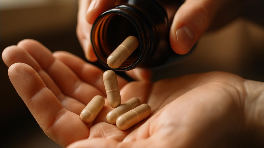 Close-up of capsules catching gut healing peptide in soft lighting.