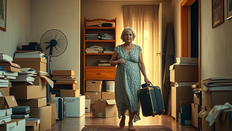 Middle-aged woman exits cluttered apartment, symbolizing climate change effects on homelessness and health.