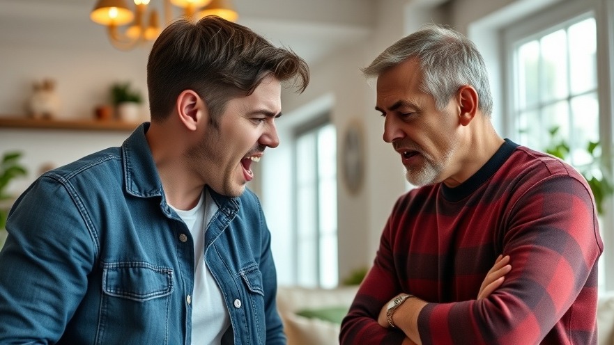 Young male in a modern home arguing with his father, reflecting mental health struggles.