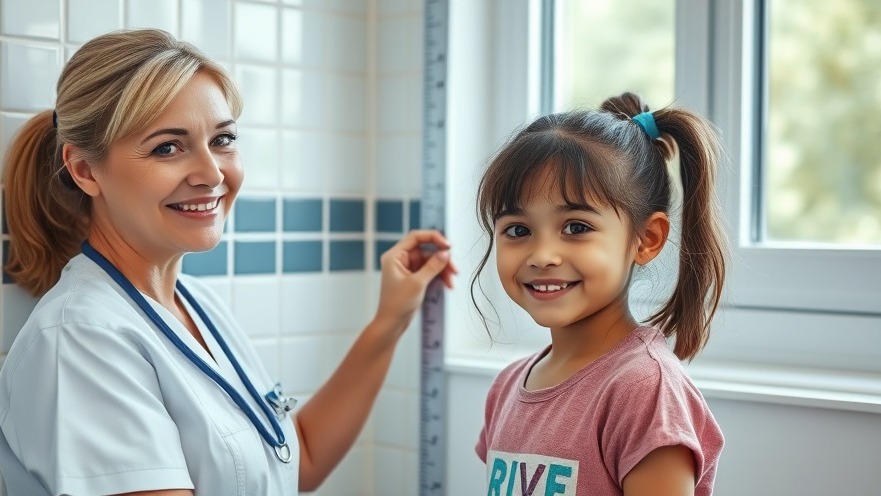 Nurse measuring girl’s height, promoting childhood obesity prevention and healthy growth habits.
