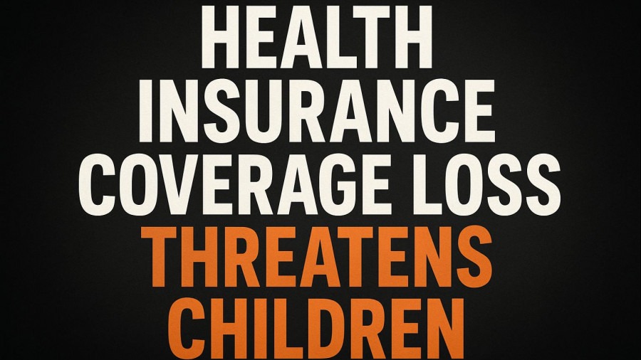 Bold artwork highlighting child health insurance loss impacts on public health.