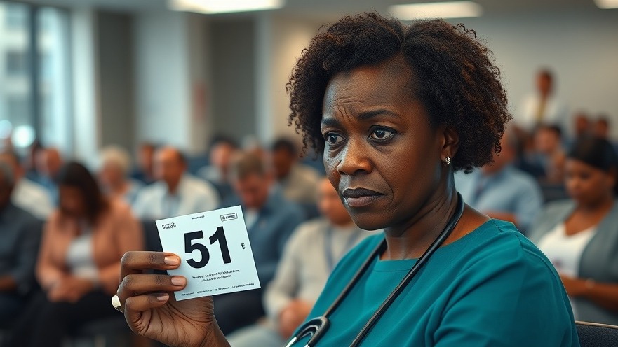 A black woman waits in a hospital, disappointed by her number 51 amid a busy waiting room.