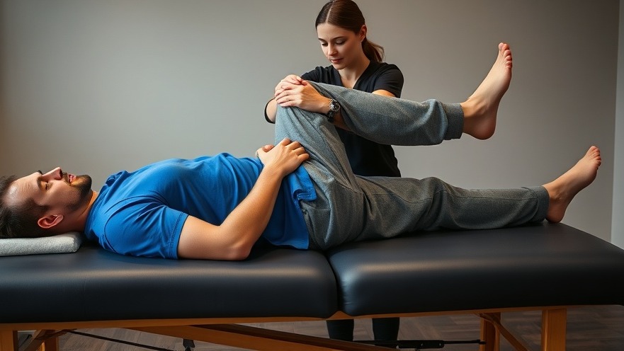 Therapist assists male client with posture improvement and flexibility stretch on a massage table.