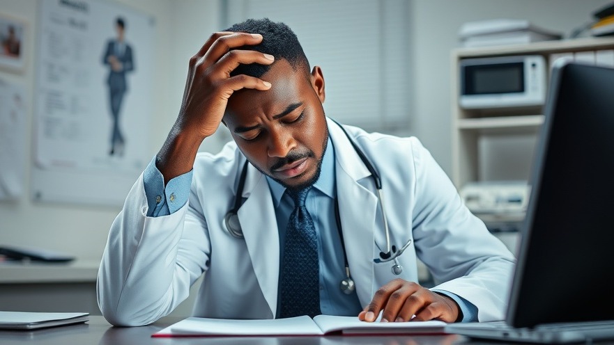 Black male doctor at desk, reflecting on health and wellness challenges in medical education.