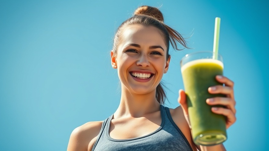 Energetic fitness trainer enjoying a green smoothie under a clear blue sky, promoting well-being.