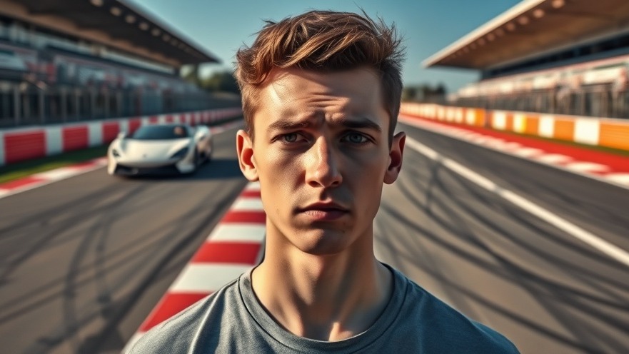 Young man reflects on racing resilience near a Ferrari, symbolizing setbacks in sports.