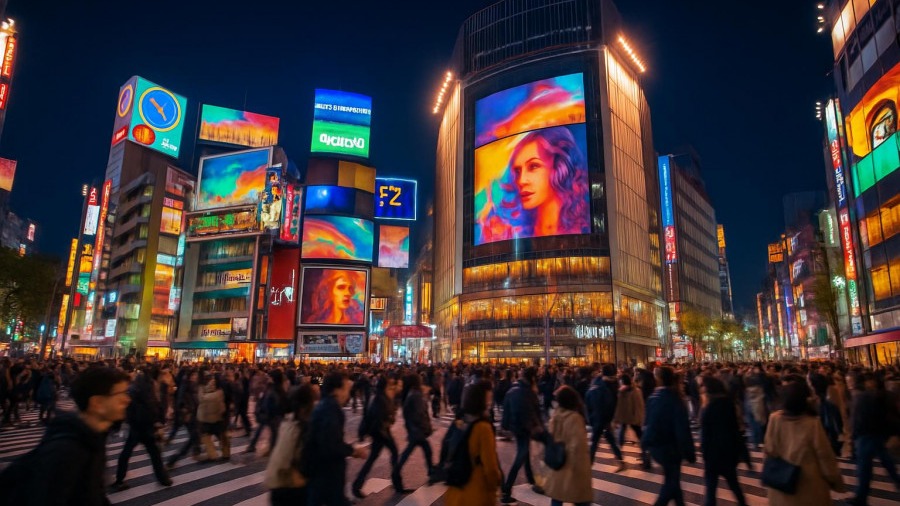 Vibrant cityscape bustling with pedestrians at night, showcasing fitness trends 2025.