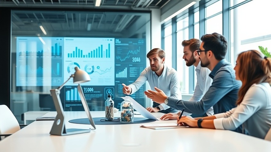 Digital marketing business team analyzing website strategies on a high-tech screen.