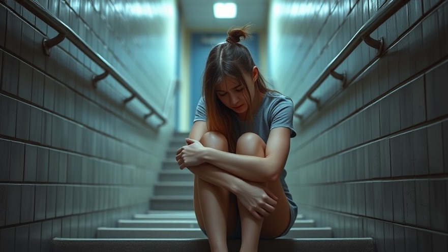 Teenager in school stairwell, reflecting teen mental health crisis amid social media effects.