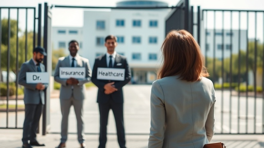 A woman faces three guards labeled Dr, Insurance, and Healthcare, highlighting medical access challenges.