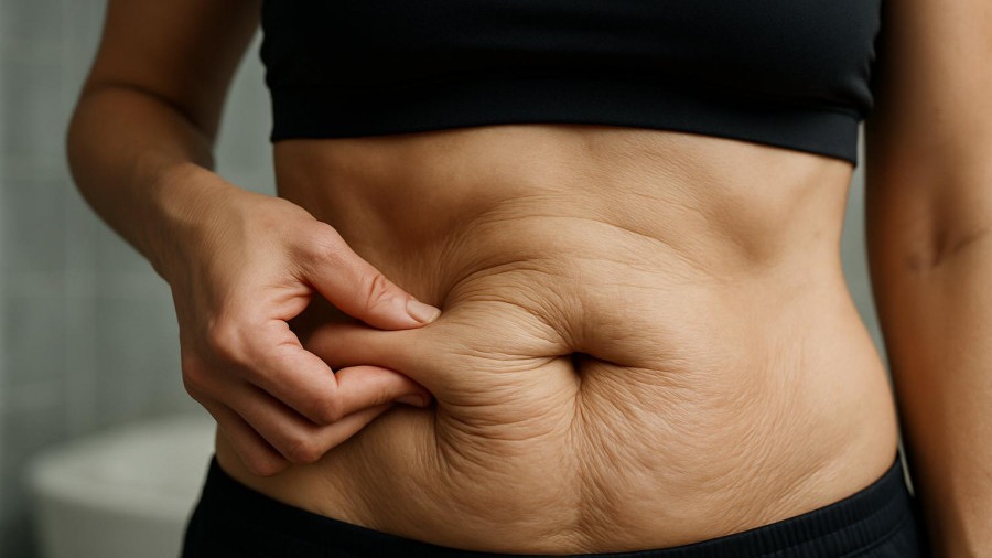 Close-up of woman examining loose skin after weight loss in gray sportswear.