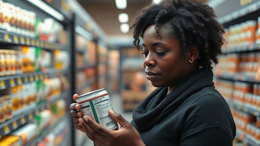 Black woman exploring organic canned products in a grocery store.