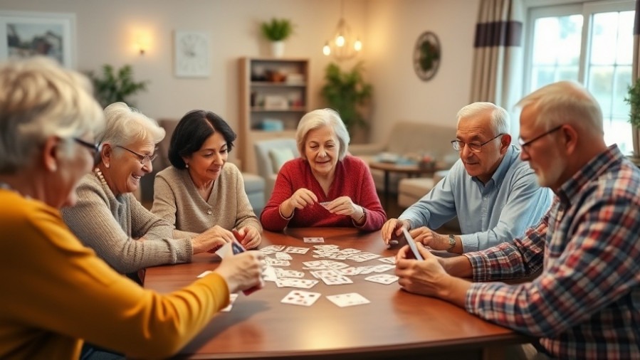 Elderly diverse group enjoying cards in a bright assisted living facility, showcasing health trends.