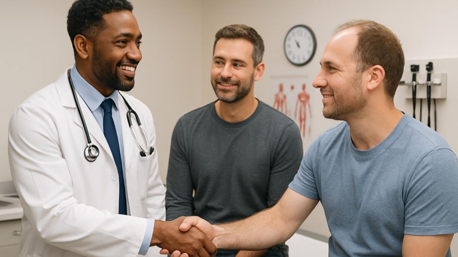 Black doctor discussing HIV treatment challenges and health care access with patients.