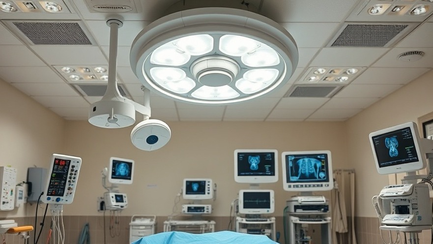 High-tech surgical room showcasing health technology with heart monitors and IV machines.