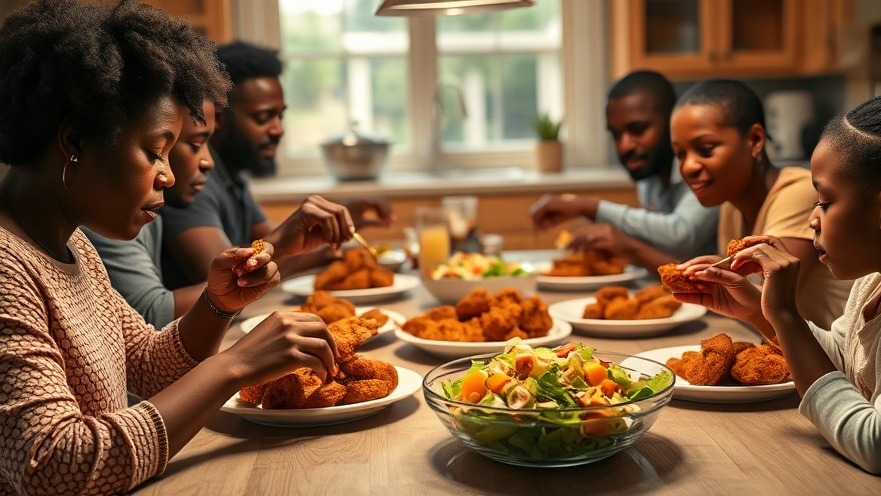 Black family enjoying a meal with non-toxic kitchen appliances, featuring fried chicken.