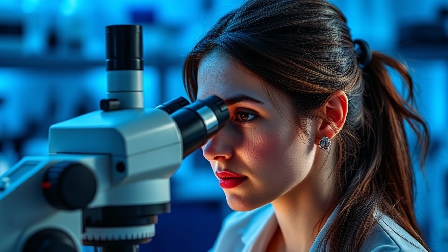 Brunette woman analyzing samples under a microscope, promoting mental health through nutrition advice.