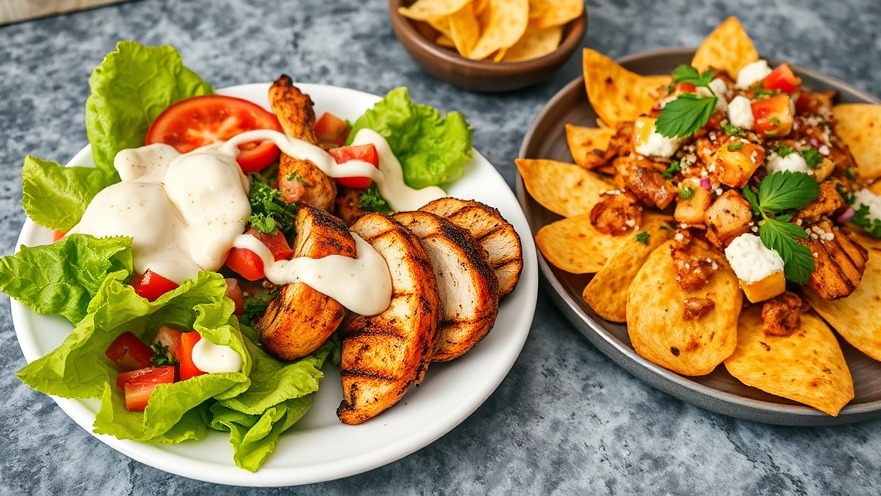 Vibrant lunchtime grilled chicken salad and nachos on a textured grey surface.