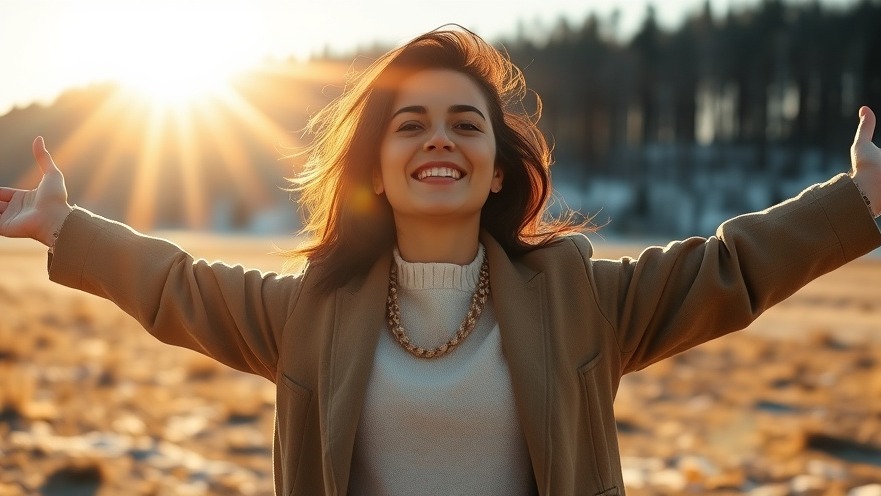 Hispanic woman embracing sunlight in a serene winter field, enhancing her circadian rhythm and mental health.