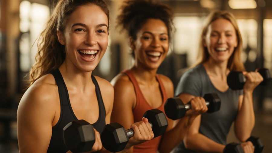 Energetic females smiling with dumbbells, promoting cardiovascular health in a gym.