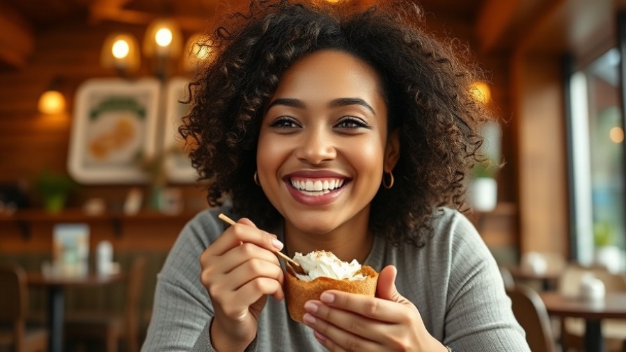 Cheerful woman enjoying dessert, embodying self-love ideas for solo Valentine's Day activities.