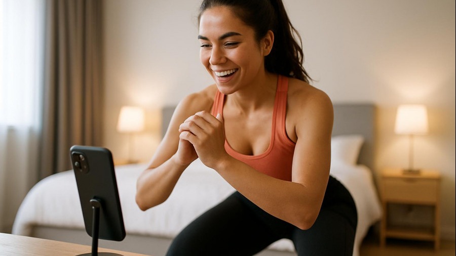 Young woman doing quick home workouts in a modern bedroom, guided by her phone app.