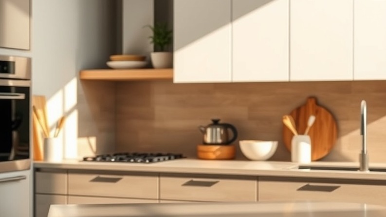 Photorealistic minimalist kitchen counter with sunlight reflections and earthy hues.