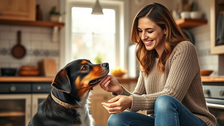 Charming woman feeding her dog in a cozy kitchen, embracing daily exercise tips.