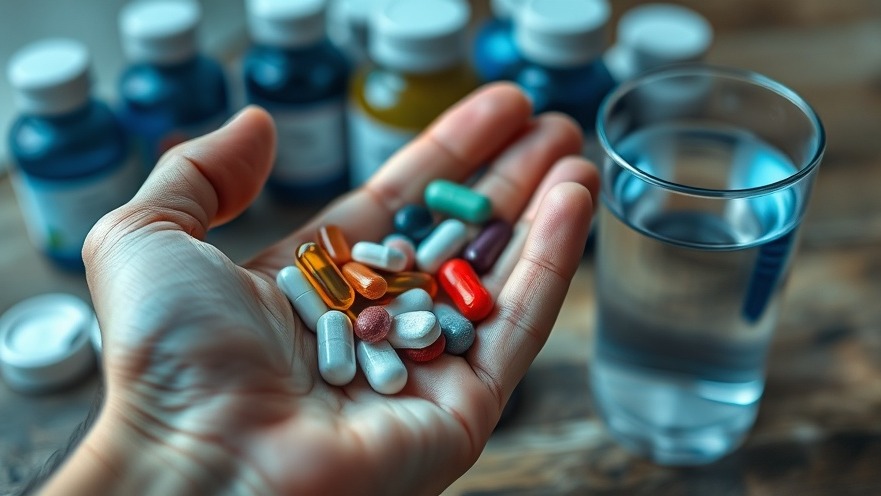Close-up of hand holding assorted pills for a health lifestyle, with a water glass.