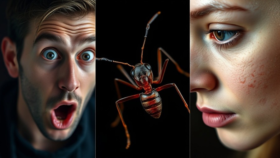 Surprised man and fire ant; wild animal encounters and safety awareness.