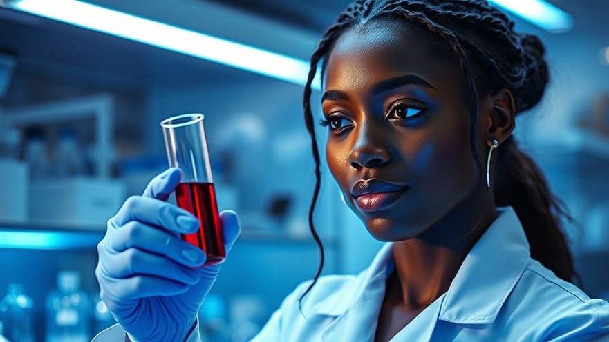 Black female scientist examines a test tube with blood in a futuristic health lab.