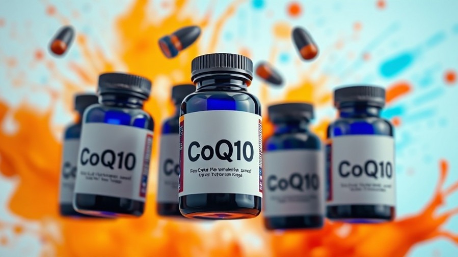 Coenzyme Q10 supplement bottles against a vibrant abstract background, promoting heart health.