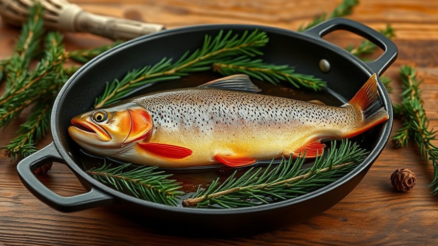 Photorealistic trout cooking with herbs on a wooden table, showcasing sustainable eating.