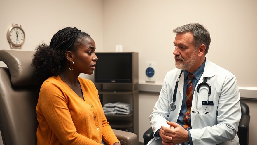 Distressed young black woman discussing patient empowerment with her white male doctor.