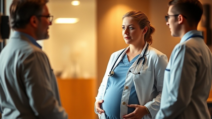 Pregnant doctor discussing professional growth in science with colleagues, showcasing motherhood.