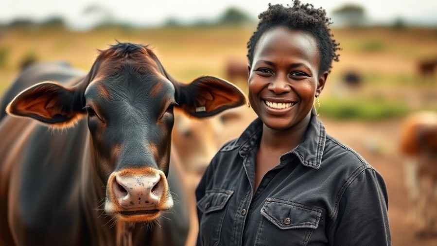 Smiling black entrepreneurial woman with cow, embodying women empowerment and economic growth.