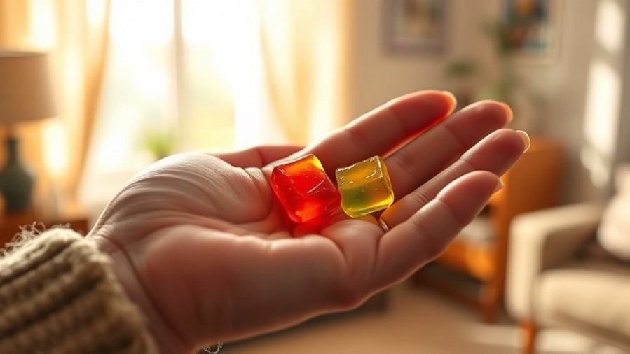 Senior hand holding colorful gummy candies, highlighting geriatric care and cannabis therapy.