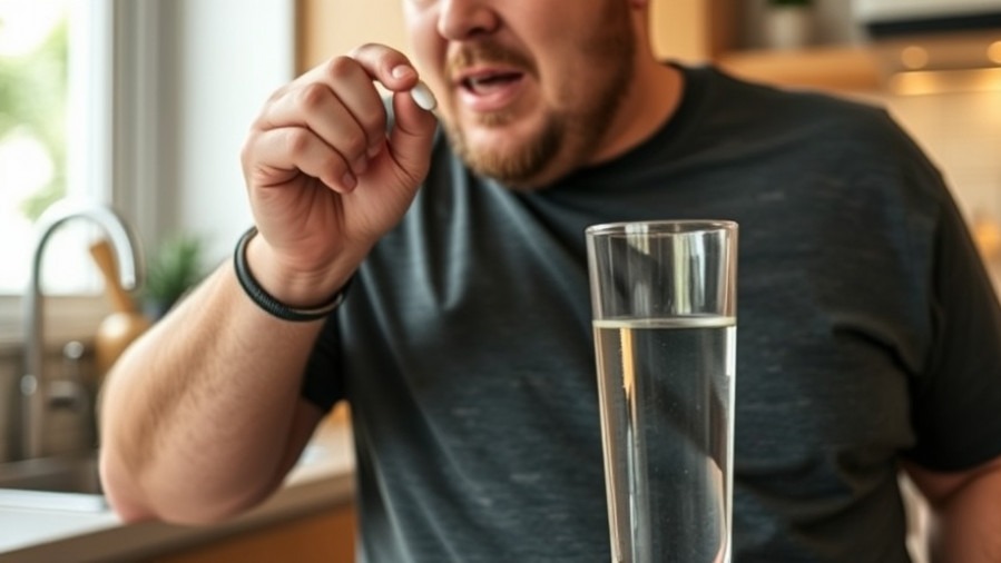 Overweight man preparing for oral obesity treatment with a pill and water.