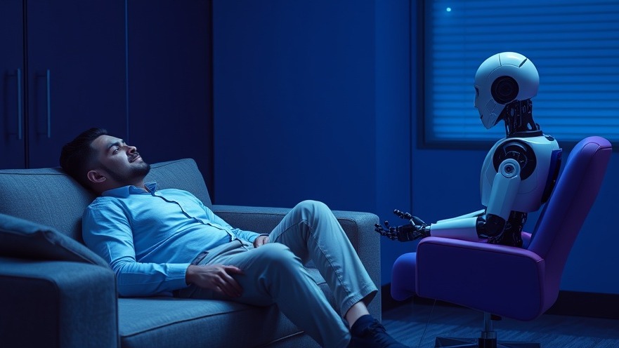Hispanic male patient discusses mental well-being with a robot therapist in blue lighting.