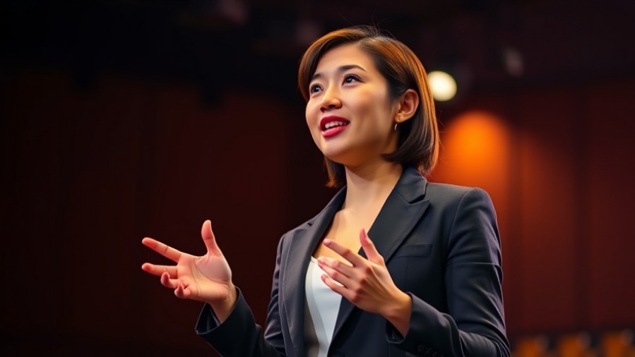 Confident Asian female speaker on gender equity in healthcare, lit by spotlight in auditorium.