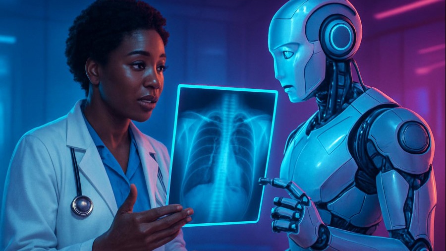 Black female doctor discusses patient treatment with a robot, highlighting AI healthcare future.