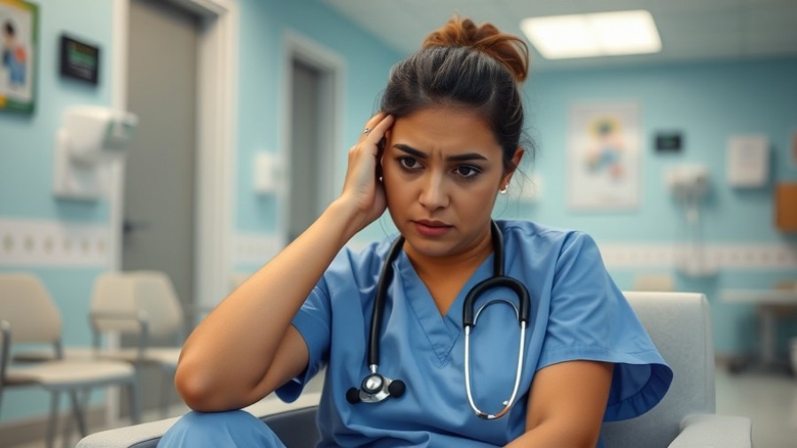 Hispanic nurse in distress highlighting burnout causes and mental health balance.