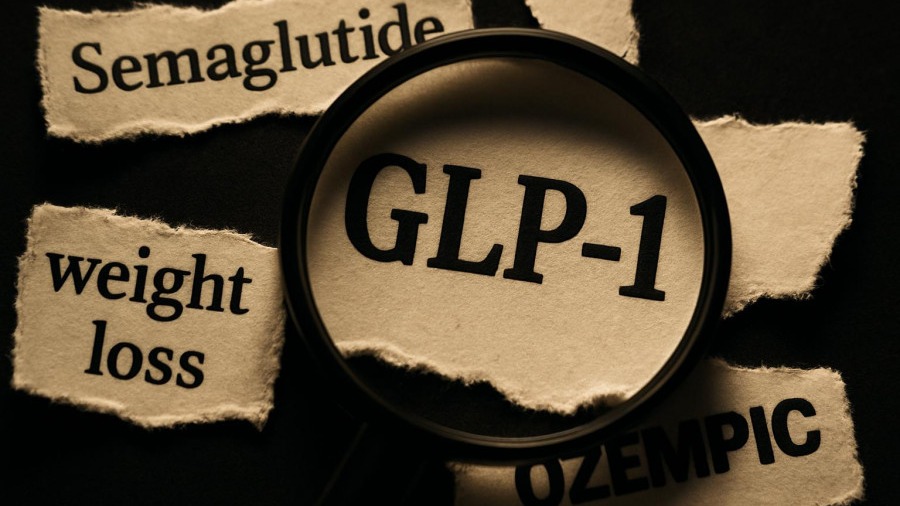 Zoomed-in text on GLP-1 and weight loss strategies, under a magnifying glass.